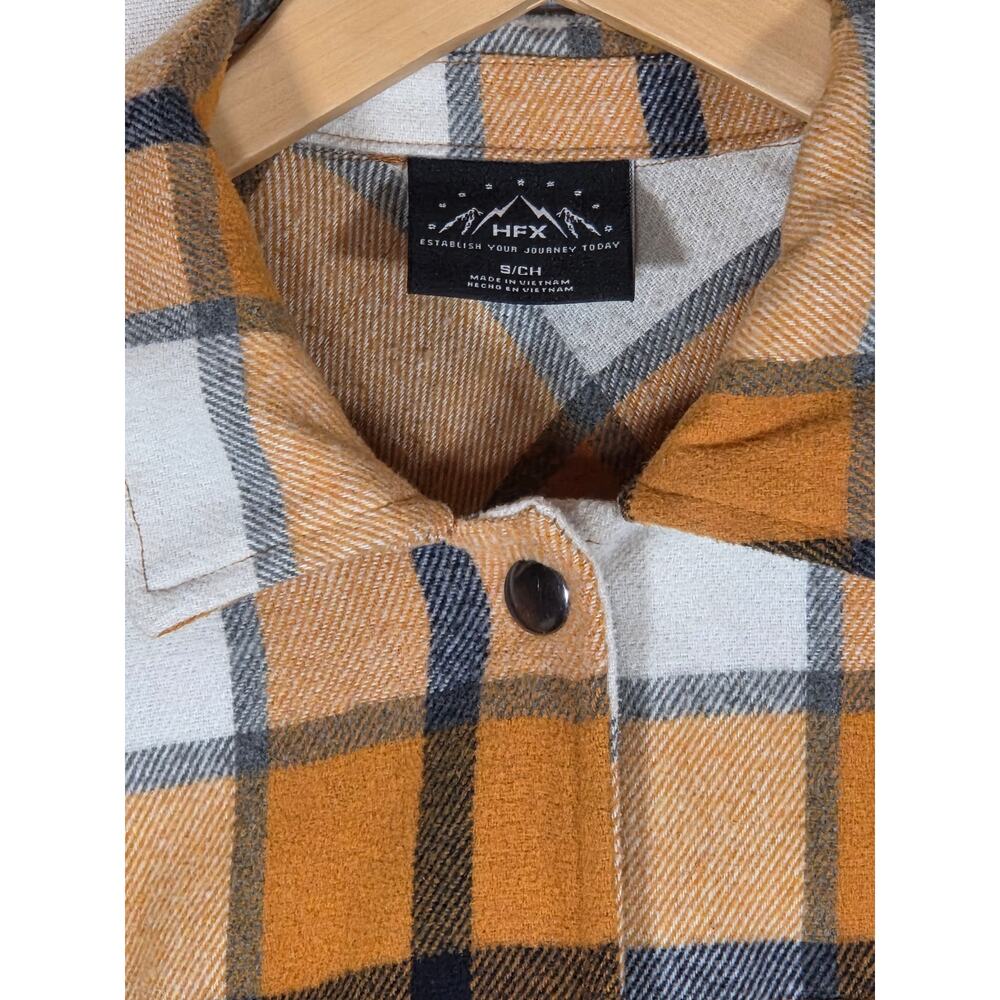 HFX Women's Plaid Flannel Shirt Jacket Shacket Relaxed Fit Mustard/ White Sz S - Picture 3 of 9